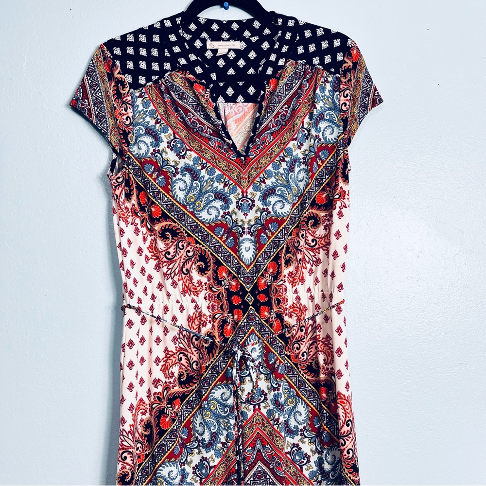 Dressbarn Women M Boho Multicolor Maxi Dress Jersey Cap Sleeves Tie Back Paisley